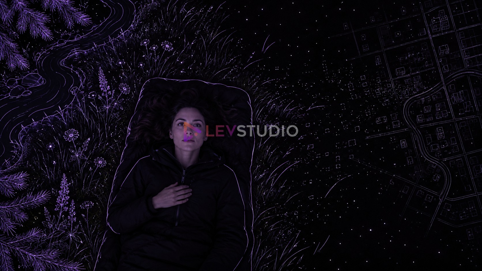 A woman lies in a sleeping bag seen from above, looking up. On her left a river, pine branches and wildflowers drawn in bright purple lines. On her right a city street grid in faint lines that breaks apart into dots.