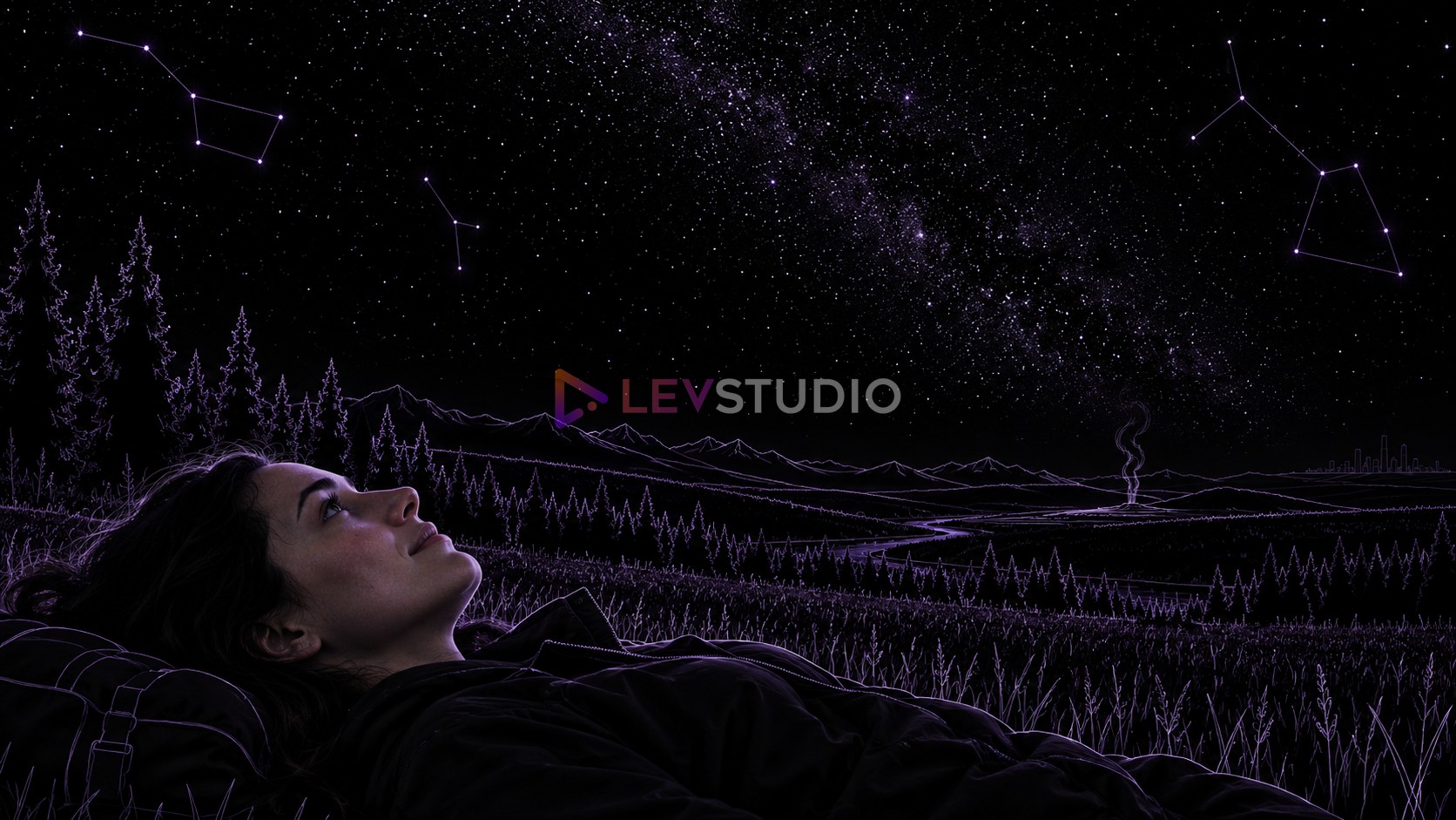 The same woman seen from the side, lying in a meadow and smiling up at a sky full of stars and line constellations. Pines, a river and a geyser drawn in purple outlines, a tiny faint city skyline far on the horizon.